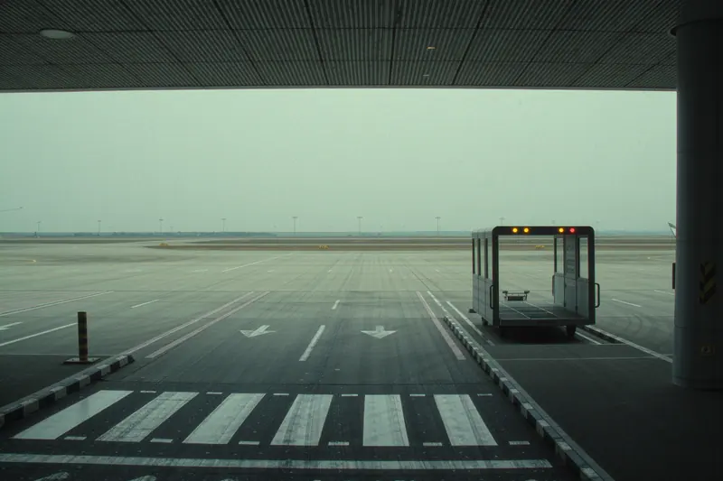 The arrivals kerb outside an airport terminal, a pedestrian crossing, empty pickup bays and a low canopy overhead.