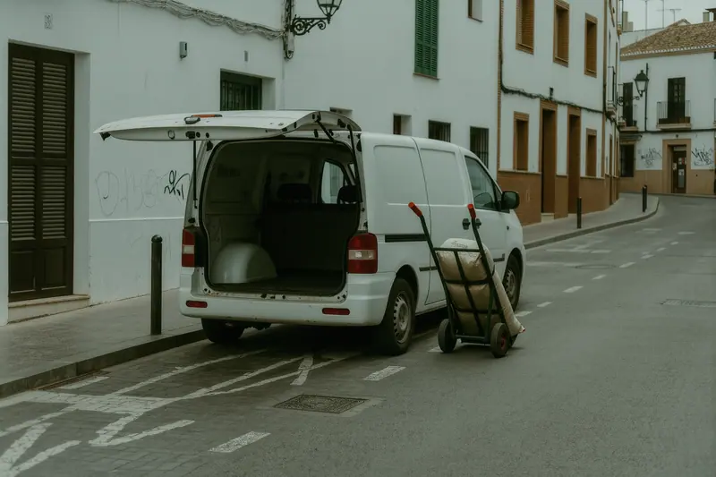 A small white van reversed into a marked loading bay on a narrow street in central Málaga, tailgate down and shuttered shopfronts behind.